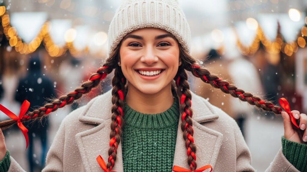 Braids with Red Ribbons and Beanie