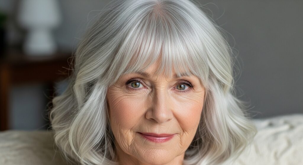 Wavy Silver Bob with Full Bangs