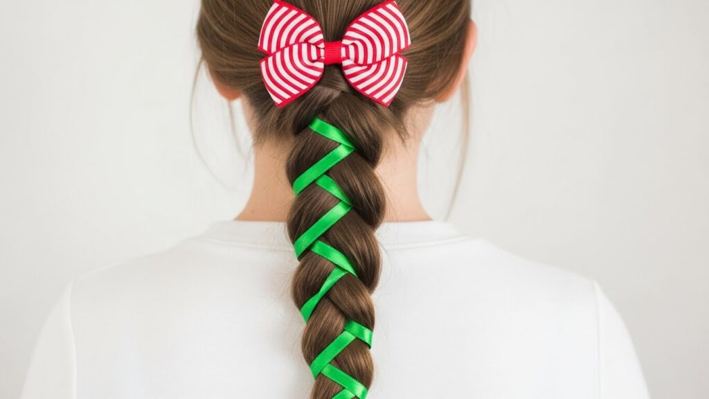 Candy Cane Braid with Festive Red-White Bow and Green Ribbon Wrap
