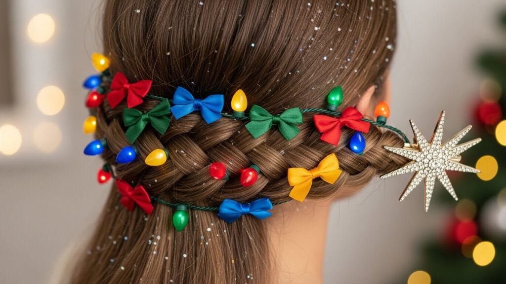 Christmas Light Braid with Cute Colorful Bows and a Star Clip Detail
