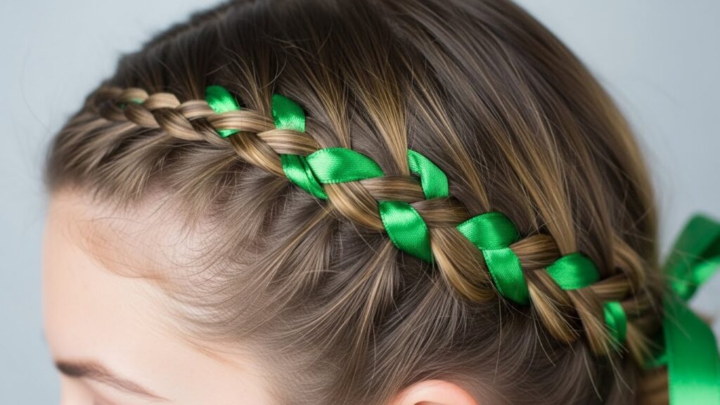 Christmas Ribbon Braid with Green Ribbon Woven Through a Loose Diagonal French Plait