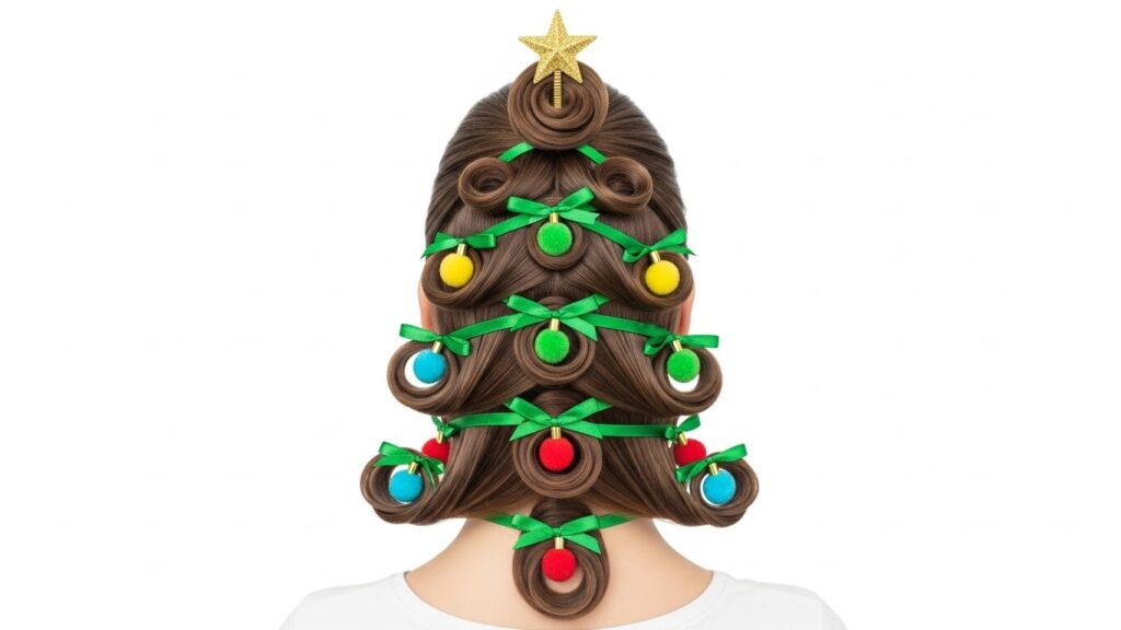 Christmas Tree Lights Design with Green Ribbons, Pom-Poms, and a Gold Star