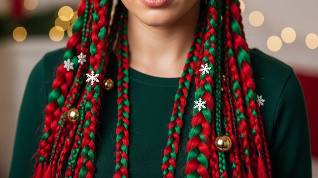 Classic Red and Green Tree Braids Enhanced with Festive Hair Extensions