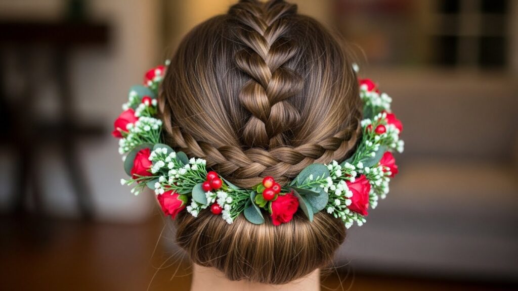 Floral Holiday Bun Featuring a Braided Crown and a Christmas Wreath of Flowers