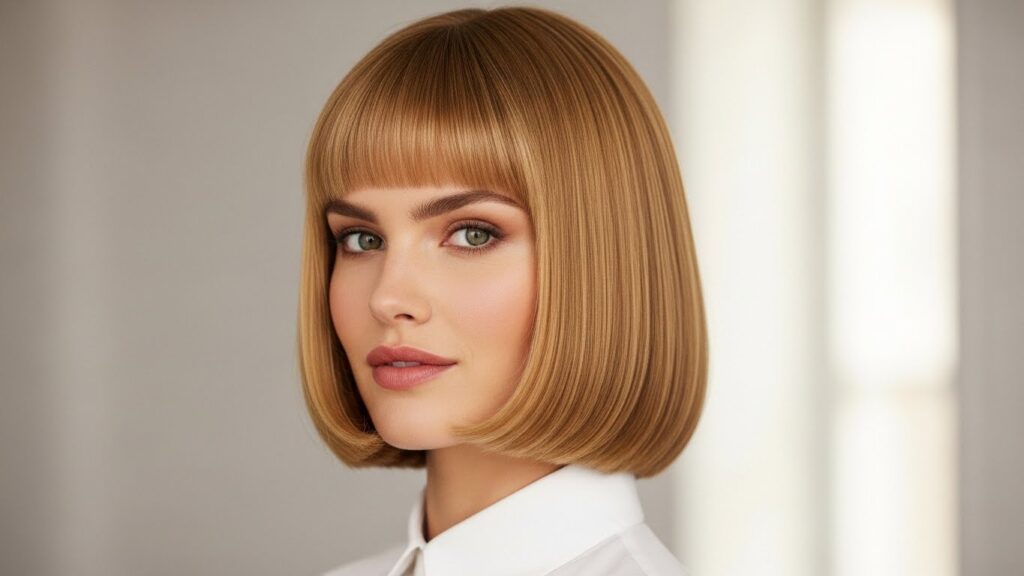 Golden Blunt Lob with Bangs