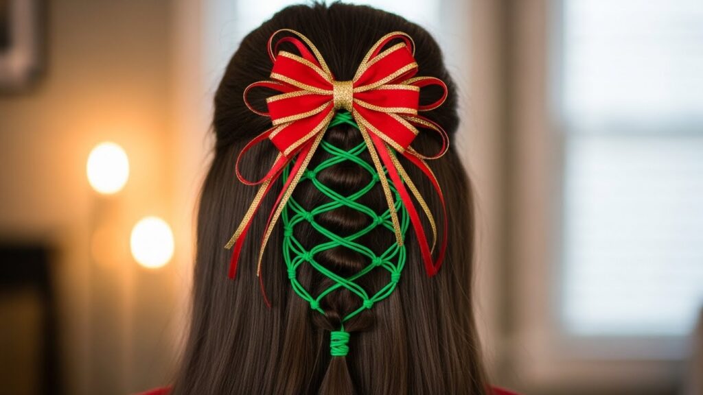 Holiday Bow Braid Made with Green Elastics and Topped with a Christmas Bow