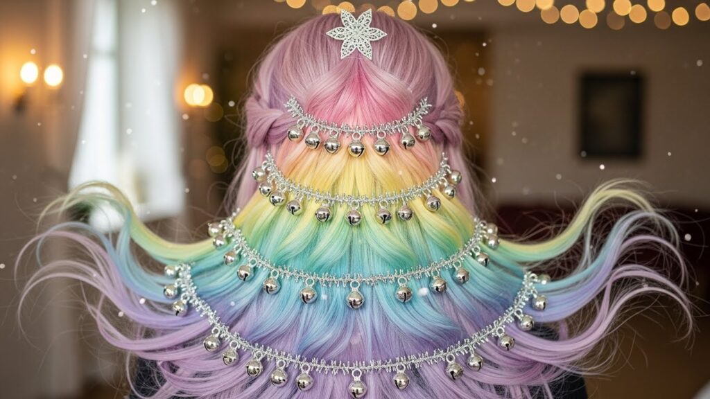 Pastel Rainbow Christmas Tree Hair Featuring Silver Bells and Colorful Flow