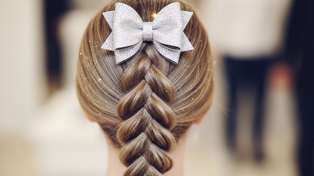 Pull-Through Tree Braid with Puffy Sections and a Glitter Bow Accent