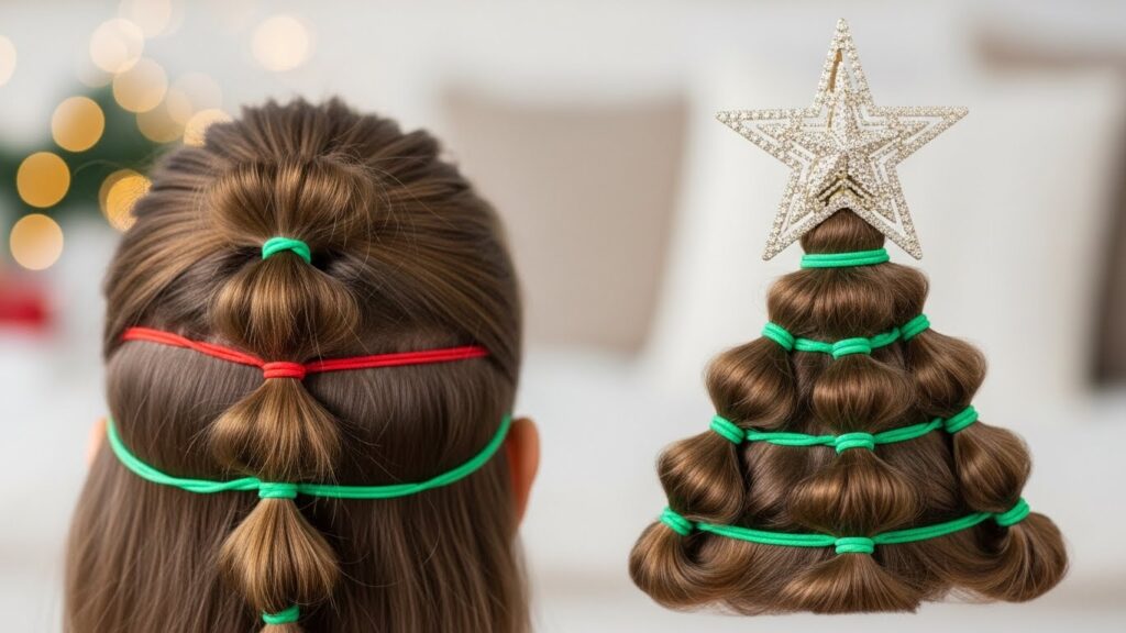 Simple Christmas Tree Hair with Sparkly Star Clip and Red-Green Ties
