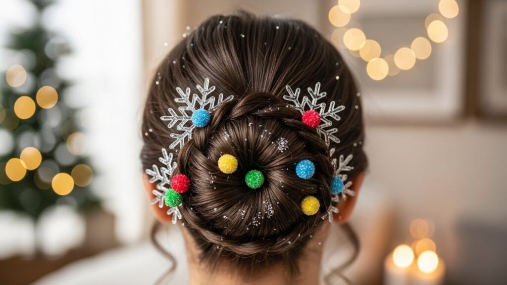 Snowflake Light Twist Updo with Colorful Pom-Poms and a Neat Bun