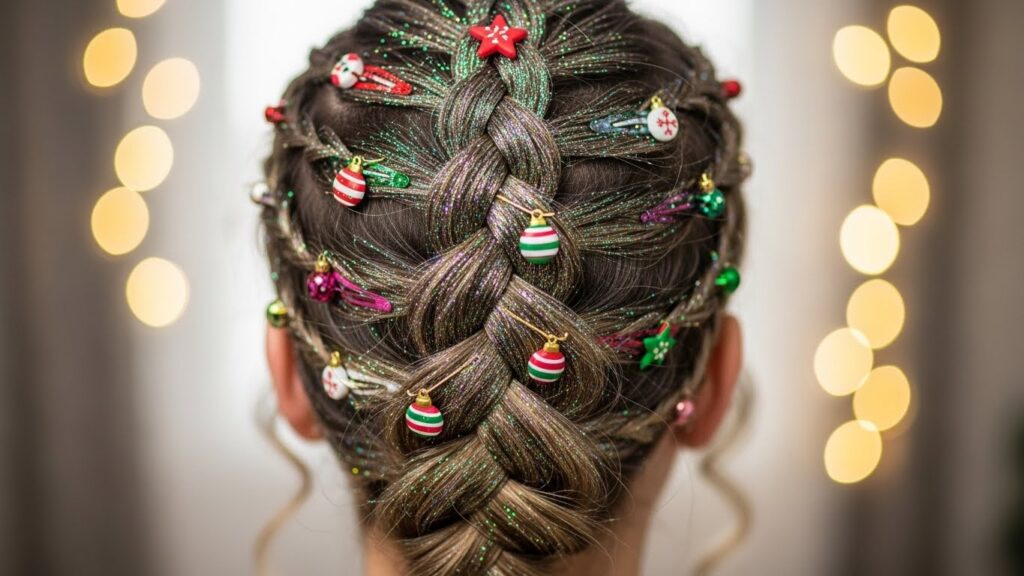 Sparkly Christmas Tree Braid Decorated with Glitter Gel and Colorful Clips