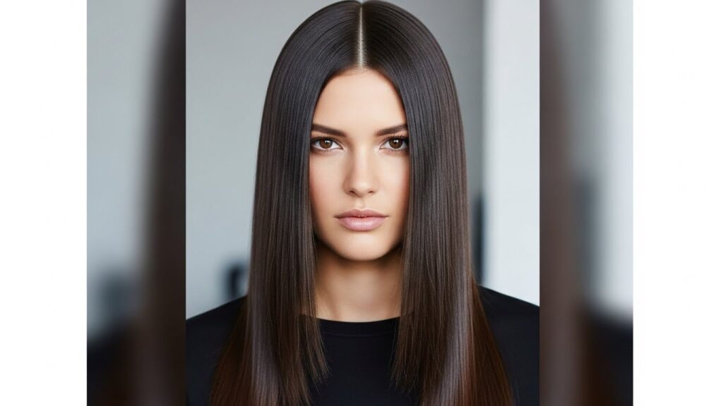 Straight, Glossy Center Part