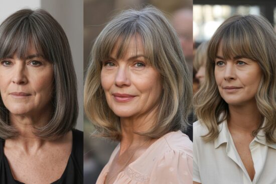 Stylish Long Bob Haircuts with Curtain Bangs for Older Women