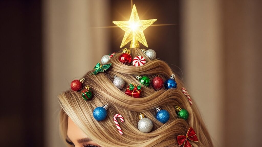 Wavy Christmas Tree Hair with Soft Blonde Waves and a Big Gold Star
