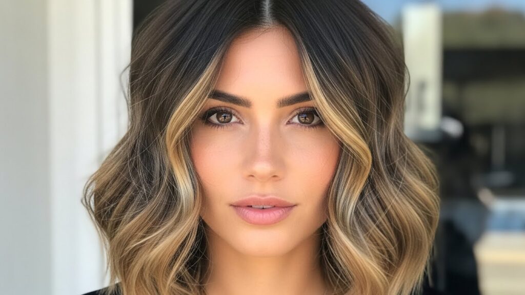 Wavy Lob with Dark Roots